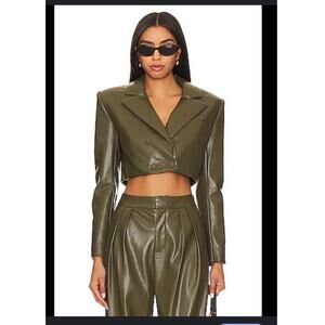 Alice + Olivia Anthony Cropped Olive Vegan Leather Blazer Size M Medium 8